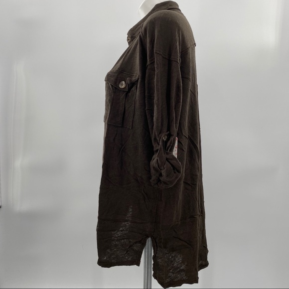 Free People NWT We the Free Penelope Buttondown Raw Trim Pockets Green Brown New - Picture 3 of 8